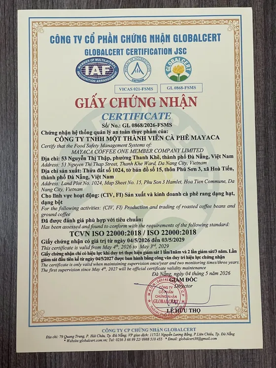 Giấy chứng nhận ISO 22000:2018 của MaYaCa do Globalcert cấp
